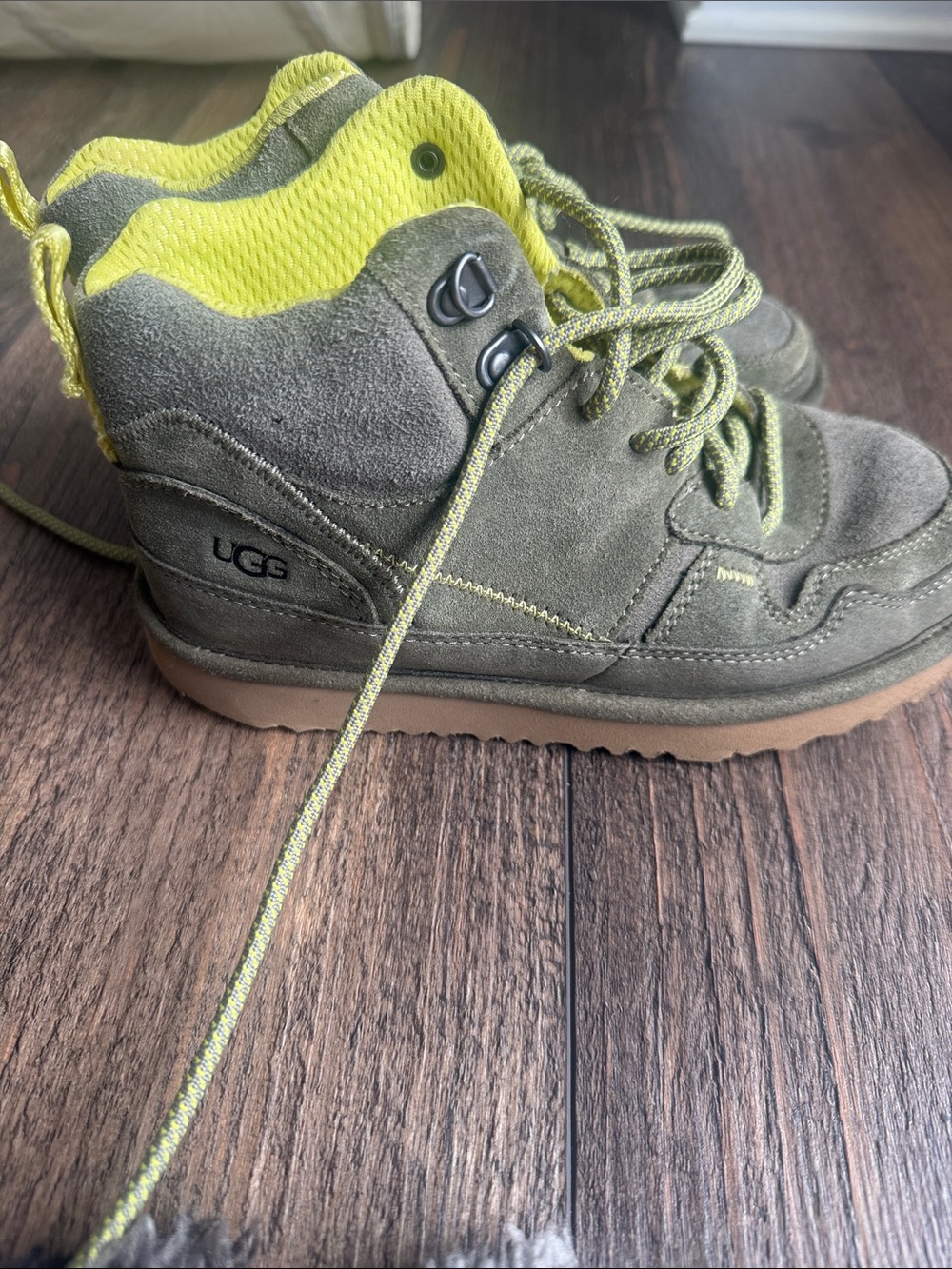 UGG Kids Olive Suede Hiker Boot with Yellow Accents
